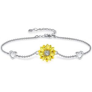 925 Bracelet De Tournesol En Argent Sterling Pour Femmes Bracelet De Charme De C?ur Réglable Anniversaire Fête Des Mères Bijoux De Tournesol Cadeaux Pour Femmes Fille Fille - Neuf