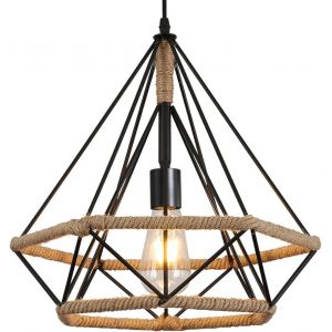 Kal-Suspension Lustre Industrielle Vintage, E27 Forme De Diamant Luminaire Plafonnier En Métal, Corde De Chanvre Lampe De Plafond Retro Pour Salon Cuisine Chambre Café-Bar (25cm) - Neuf