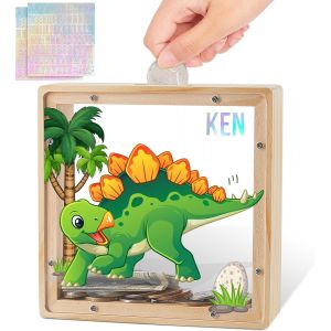 ERYI-Tirelire Dinosaur En Bois Naturel Et Acrylique Pour Enfants, Cadeau Éducatif Personnalisable Avec Autocollants, Décoration De Chambre Mignonne - Neuf