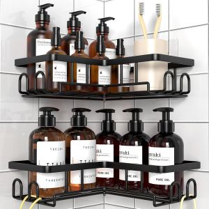 Etagere Salle De Bain-Etagère De Douche D'angle Sans Perçage,Rangement Et Organisation De La Salle De Bain Noir,2 Pièces - Neuf