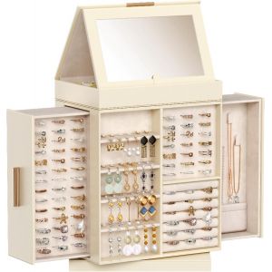 Jexnovashop-Boite A Bijoux Rotative 360°, Coffret Bijoux Femme Avec Miroir Réglable Et Design Magnétique, Grande Organisateur Bijoux Pour Bague, Collier, Boucle D'oreille, Idee Cadeau Femme, Crème - Neuf