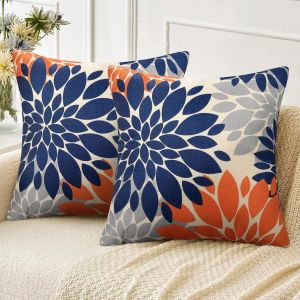 Trahoo-Housses De Coussins 50x50 Orange Bleu Gris Boh&ecirc;me Taie D'oreiller En Lin Housses Coussin D'ext&eacute;rieur Fleur De Dahlia D&eacute;coratif Pour Maison Salon Chambre Canap&eacute; Chaise Lit Jardin Lot De 2 - Neuf