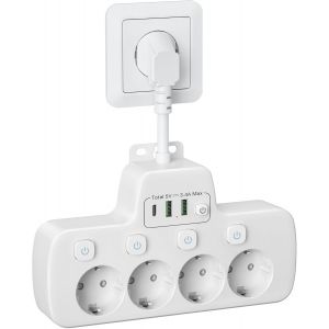Multiprise avec Interrupteur Individuel, Prise Multiple USB C Electrique Murale avec 4 Prises et 3 Chargeur Adaptateur Standard Euro C&acirc;ble Court 0.1M,Blanc - Neuf
