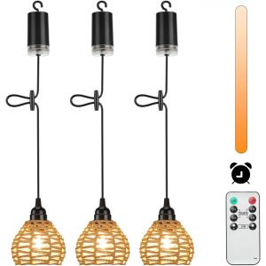 Lot De 3 Suspension Luminaire Exterieur Rotin Dimmable Suspensions D'éclairage Intérieur Avec Batterie Télécommande Piles Ip65 Portable Minuterie Pour Jardin,Camping Étanche,Chambre - Neuf