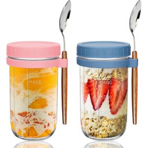 Checarzhn--No1-Overnight Oats Lot De 2 Récipients À Céréales En Verre À Emporter 600 Ml Avec Couvercle Et Cuillère, Anti-Fuite - Neuf