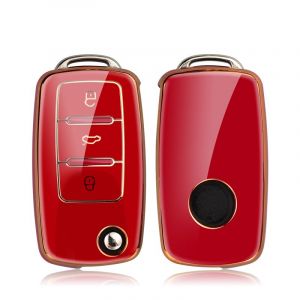 Étui pour clé de voiture en cuir Tpu,coque de Protection complète pour VW Volkswagen Polo Tiguan Passat Golf Jetta Lavida Octavia - Type Gold Red - Neuf
