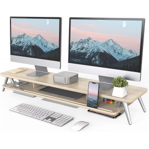 Réhausseur d'Écran d'Ordinateur 108 cm - 2 Niveaux Grand Moniteur Stand en Bois - Support d'Ordinateur,Moniteurs,TV,PC,Imprimante - Charge de 50kg (Blanc) - Neuf