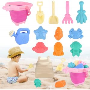 KAL-Jouet De Plage Enfant, 12 Pi&egrave;ces Jeux De Plage Avec Seau Poney Plage Pliant, Roue &Agrave; Eau, Pelle R&acirc;teaux Moules, Glace Jeu De Plage Enfant Pour Bac A Sable Int&eacute;rieur Ext&eacute;rieur (Rose) - Neuf