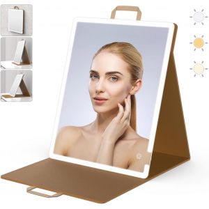 Kal-Miroir Maquillage Lumineux, Grand Portable Miroir Pliable, Miroir Coiffeuse À 3 Lumières De Couleur, 2000mah Usb Rechargeable, Miroir En Cuir Pu Pour Bureau De Maquillage (41x51cm) - Neuf