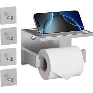 Porte Rouleau Papier Toilette Auto-adh&eacute;sif avec Tablette, Support Papier Toilette Mural avec 4 Crochets pour Salle de Bain, Derouleur Papier Toilette WC sans Percage - Noir Mat - Neuf