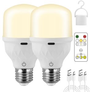 Ampoule Rechargeable Usb Avec Télécommande,5w Led Dimmable Ampoule Sans Fil Touch Control,E27 2600mah Batterie Ampoules Avec Timing Et Fonction,Lampe De Secours Portable Extérieure Camping,2 Pack - Neuf