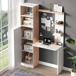 Bureau rangement blanc/bois - armoire portes + &eacute;tag&egrave;re 123,5x45x168,5 cm - Neuf