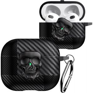 LORANKA-Coque AirPods 3 en Fibre de Carbone &iquest; &Eacute;tui de Protection 3D T&ecirc;te de Mort Mal&eacute;fique avec Mousqueton Housse Antichoc Cover Compatible avec AirPod 3&egrave;me g&eacute;n&eacute;ration.Skull Black - Neuf
