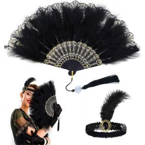 Kalanka-1920s Éventail Plume Pliant Flapper, Style Rrétro Faux Éventail À Plumes Des Années 1920 En Plumes Brodé Fleur Dentelle Éventail Pliant Plume Avec Gatsby Headwear Pour Costume Mariage Hallowe - Neuf