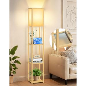 Subzonal-Lampadaire Avec &Eacute;tag&egrave;res En Verre, Temp&eacute;ratures De Couleur R&eacute;glables (3000k-6000k), Lampadaire Led Moderne En Colonne, Lampadaires D&iquest;Angle En Bois Pour Salon, Chambre, Bureau (Bois) - Neuf
