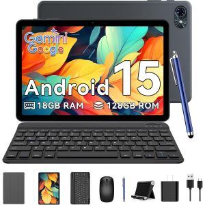T80 Android 15 Tablette Tactile -18 Go+ 128 Go(2To Tf), Tablette 10 Pouces, 6000 Mah, 5Mp+2Mp, Gemini Ai, 5G Wifi, Gps, Face Id, Tablette Avec Clavier, Souris, Etui, Stylet - Neuf