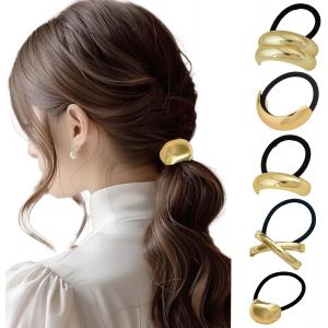5 Pi&egrave;ces Elastique Cheveux Metal Dore, Bijoux Cheveux Dor&eacute;, Elastiques &Agrave; Cheveux, Accessoires Cheveux Femme, Attache Cheveux Pour Queue De Cheval - Neuf