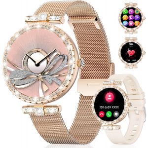 Montre Connectée Femme Ronde,1,19"" Amoled Smartwatch Femme Avec Appel Bluetooth,Fonction Féminine Ip68 120+ Modes Sportifs Podometre,Diamond Montre Femme Connectée Android Ios Maille - Neuf