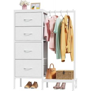 SUBZONAL-Commode avec Poches lat&eacute;rales et Crochets, Commode 4 Tiroirs en Tissu avec Barre Porte-V&ecirc;tements, 111 cm, Meuble de Rangement Multifonction pour Chambre, Salon, Entr&eacute;e, Enfant, Blanc - Neuf