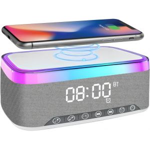 R&eacute;veil Audio Bluetooth Num&eacute;rique Avec Bruit Blanc, 12 Couleurs Veilleuse, Haut-Parleur, Chargeur Sans Fil Pour Iphone/Samsung, Affichage De La Temp&eacute;rature - Neuf