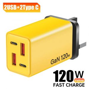 120W USB C chargeur GaN PD QC3.0 charge rapide adaptateur de chargeur de t&eacute;l&eacute;phone pour iPhone 16 Samsung Xiaomi Huawei chargeur mural multi-ports--UK Plug Yellow - Neuf