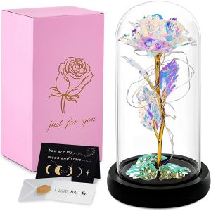 Cadeau pour femme,Rose &eacute;ternelle dans un verre,La Belle et la b&ecirc;te,Rose dans d&ocirc;me en verre avec lumi&egrave;res LED,Fleurs artificielles,Cadeau pour No&euml;l, anniversaire, maman, petite amie, grand-m&egrave;re - Neuf