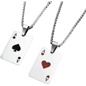 Kal-® Paire De Colliers Unisexe Design Carte De Jeu Poker As Coeur Et Pique Couleur Argent Et184, Taglia Unica, Zamak, Zamak - Neuf