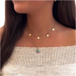 Kal-Collier Ras Du Cou En Forme De Disque De Monnaie Collier Pendentif Turquoise En Forme De Goutte Collier Pendentif En Forme De Disque D'or Collier Turquoise Boho Bijoux Pour Femmes - Neuf