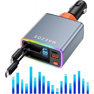 Chargeur De Voiture R&eacute;tractable 120 W Avec Lumi&egrave;re Activ&eacute;e Par Le Son Pd Qc, Charge Rapide, 2 C&acirc;bles R&eacute;tractables 4 En 1, Chargeur De Voiture Usb Rechargeable, Compatible Avec Iphone - Neuf