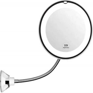 Ulteronixshop-miroir LED de maquillage, grossissant 10x 14 LED, col de cygne 360&deg;, ventouse, miroir pliable flexible blanc/argent&eacute; - Neuf