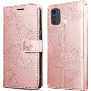 Kal-Coque Pour Moto E32 / Moto E32s, Papillon Imprimé Housse En Cuir Pu Magnétique Portefeuille, Étui À Rabat Pour Moto E32 / Moto E32s, Or Rose - Neuf