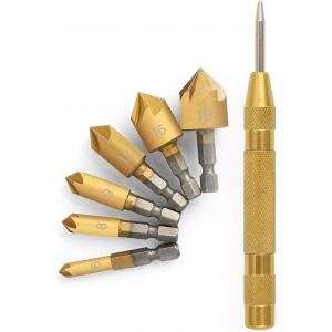 Fraise Foret Set 7 Pcs Compteur de Lest de forets pour le Bois, le Changement Rapide, 1/4"" Hex Tige, Haute Vitesse en Acier, 5 Flûte à 90 Degrés Centre de Punch Outil, 1/4""-3/4 - Neuf