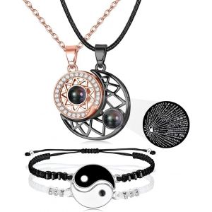 Kalsw-Collier Bff Bracelet Couple Set Pour Femme Homme,100 Langues I Love You Projection Magn&eacute;tique Soleil Lune Collier Assorti Bracelet Yin Yang Pour Meilleurs Amis Couple Promise Bijoux - Neuf