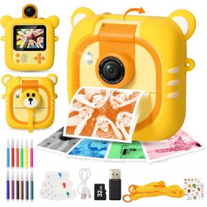 Appareil Photo Instantané, 4 Rouleaux Colorés (R/Or/B/V) + 3 N& B,2,4"" Appareil Photo Enfant avec 1080P & 180° Objectif & Carte de 32GB,Cadeau Noël/Anniversaire pour Filles & Garçons,M2 - Neuf