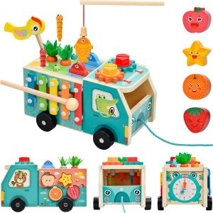 JGD-Tracteur Cube d'Activites en Bois 5 en 1 avec Xylophone Attrape Insectes Arrache Radis et Trieur Formes Jouet Educatif Enfant 1 2 3 Ans Cadeau Ferme Garcon Fille - Neuf