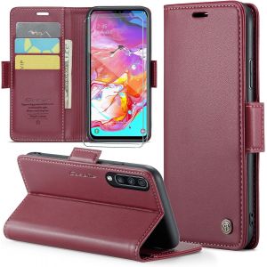 Kal-Coque Pour Samsung Galaxy A70/A70s+ 2 Pi&egrave;ces Verre Tremp&eacute;,Antivol,Prend En Charge Le Chargement Sans Fil, Pochette Fermeture Magn&eacute;tique Flip Case-Bourgogne - Neuf