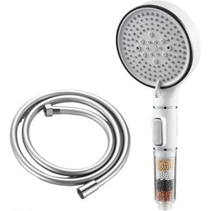 JGD-Pommeau de douche avec Filtre Economie Deau, Pommeau de Douche avec tuyau 150CM, Filtre Pommeau de douche Anti Calcaire, 5 Types de Jets Pommeau &Eacute;conomie Deau Haute Pression, Blanc - Neuf