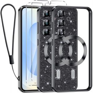 SJZG-Glitter Magn&eacute;tique Pour Samsung Galaxy S25 Plus 5G Con Cnoirdon, [Compatible Avec Magsafe] Antichoc Brillant Paillet&eacute; Housse Souple Coque Pour Samsung S25 Plus Avec 2 Verre Tremp&eacute; &Eacute;tui, Noir - Neuf