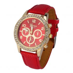 Femmes &Agrave; La Mode Dame Pu Bracelet En Cuir Quartz Analogique Montre Ronde Montre-Bracelet (Rouge) - Neuf