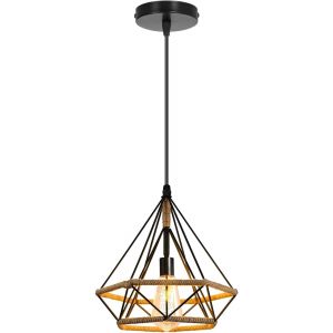 Lustre Suspension Industrielle Design Diamant Chanvre Corde M&eacute;tal Led Luminaire Plafonnier Abat-Jour R&eacute;tro Design E27 Pour Cuisine Salon Chambre (1pcs) - Neuf