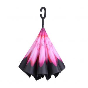 Parapluie Autoportant Coupe-Vent A Double Couche, Pliable Et Inverse, Avec Poignee En C (Marguerite Rose) - Neuf