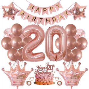 ChicSlick-Décoration De Fête D'Anniversaire Pour Fille - Ballons 20 Ans - Décoration D'Anniversaire Pour Fille - Or Rose - Décoration De Gâteau 20 Ans - 20 Ans - Bannière Happy Birthday[X2256] - Neuf