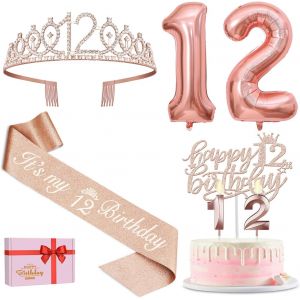 ERYI-Décorations De 12E Anniversaire Pour Filles, Y Compris Écharpe Et Diadème De 12E Anniversaire, Décoration De Gâteau Et Bougies, Ballons En Forme De Chiffre Or Rose, Cadeaux Pour Fille De 12 - Neuf