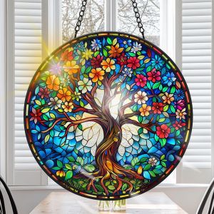 MEVRONISSHOP-Arbre Attrape-Soleil Suspendu, Attrape-Soleil pour fen&ecirc;tre Paysage, avec Cha&icirc;ne en M&eacute;tal, D&eacute;corations Jardin Fen&ecirc;tre Murales, F&ecirc;te des M&egrave;res, Pendaison de cr&eacute;maill&egrave;re 20x20cm-Rond - Neuf