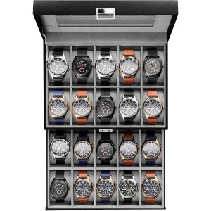 Kal-Boite À Montre Antichoc, Coffret Montre Homme Avec 20 Emplacements Coussins Montre, Rangement Montre Avec Couvercle En Verre, Pour Passionné D`Horlogerie -Noir - Neuf