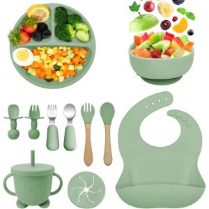 Kal-Coffret Repas Bebe Silicone,11 Pièces Assiette Ventouse Pour Bébé Assiettes,Couverts Pour Enfants Sans Bpa,Bols,Dossards,Cuillères,Fourchettes,Gobelets À Boire,Assiette De Diner - Neuf