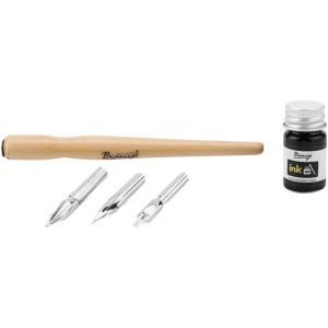 Set Plume De Stylo Dip Porte-Stylo En Bois 3 Plumes En Acier Inoxydable Différentes Et 1 Encre Pour Dessin/Manga/Calligraphie/Comic - Neuf