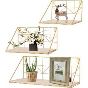 CAUC-Lot de 3 &eacute;tag&egrave;res murales dor&eacute;es en m&eacute;tal & Bois - &eacute;tag&egrave;re Suspendue pour la Cuisine, Le Salon, Le Bureau - Neuf