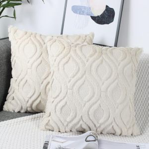 Cauc-Lot De 2 Housses Coussin 50x50 Beige Velours Laine Housse De Coussin Peluche Decoratif Boho Brod&eacute;e En Fausse Fourrure Coussin Carr&eacute;e De Luxe Pour Canape Salon - Neuf