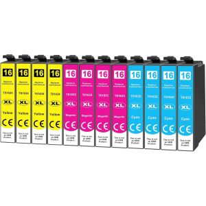 Lot de 12 Cartouches d'encre 16XL compatibles avec Epson 16 16XL Couleur pour Workforce WF-2760 WF-2630 WF-2510 WF-2660 WF-2750 WF-2650 WF-2540 WF-2530 WF-2520 - Neuf